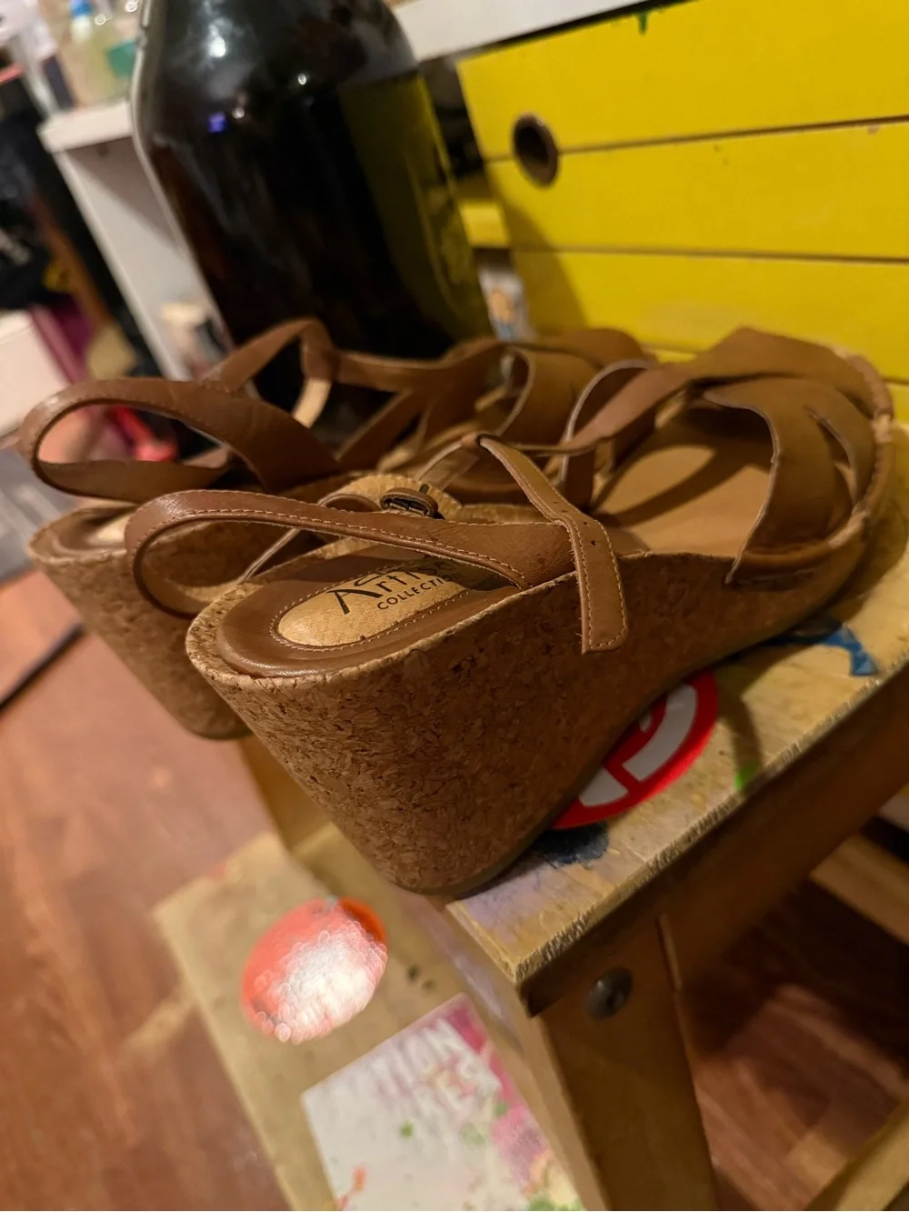 Clarks Tan Leather Cork Wedge Sandals